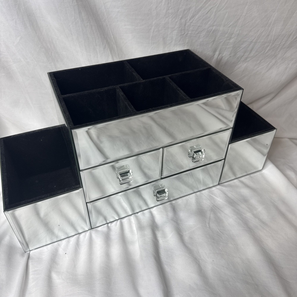 VTG Tahari Beveled Mirror Glass Jewelry Makeup Storage Box Drawer Velvet Vanity